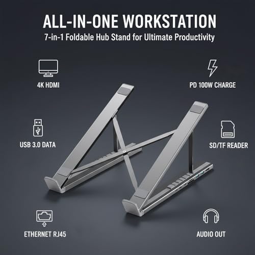 Sakerplus 8-in-1 Laptop Docking Station, Hub7 Foldable Laptop Stand with 4K HDMI, PD 100W USB-C Charging, USB 3.0, SD/TF Card Reader, Adjustable Ergonomic Stand with Anti-Slip Pads