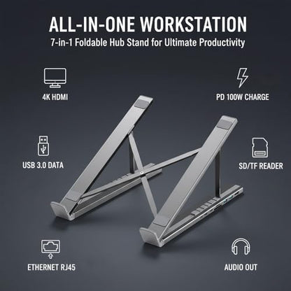 Sakerplus 8-in-1 Laptop Docking Station, Hub7 Foldable Laptop Stand with 4K HDMI, PD 100W USB-C Charging, USB 3.0, SD/TF Card Reader, Adjustable Ergonomic Stand with Anti-Slip Pads