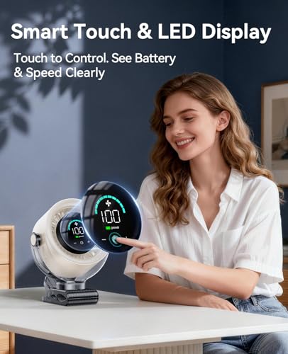 KIMMOO 4000mAh Rechargeable Portable Clip on Fan-100-Speed Touch Control, LED Display, 360° Rotate Quiet Turbo Desk Fan, Small Battery Operated USB Fan for Stroller Bed Travel Camping Golf Gym (White) - color: White