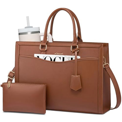 LOVEVOOK Laptop Tote Bag for Women, Leather Office Work Bag Briefcase fit for 15.6 inch Laptop, Large Teacher Computer Bag Handbag,2pcs Set Leather/Brown | PU Leather Business Briefcase Teacher Travel College Bag Handbag fit for 15.6 inch Laptop, Office P