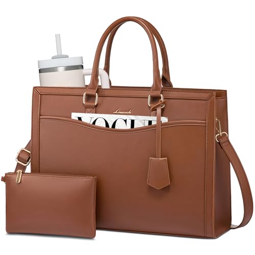 LOVEVOOK Laptop Tote Bag for Women, Leather Office Work Bag Briefcase fit for 15.6 inch Laptop, Large Teacher Computer Bag Handbag,2pcs Set Leather/Brown | PU Leather Business Briefcase Teacher Travel College Bag Handbag fit for 15.6 inch Laptop, Office P