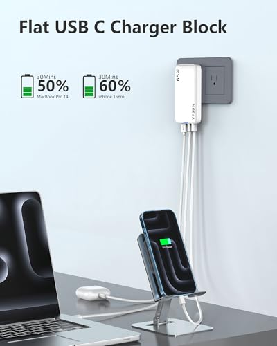 65W GaN USB C Wall Charger Block,3 Port Ultra Thin Flat USB-C Charging Plug,Foldable USB Power Adapter for MacBook,iPhone 15/16,Samsung (White) - color: White