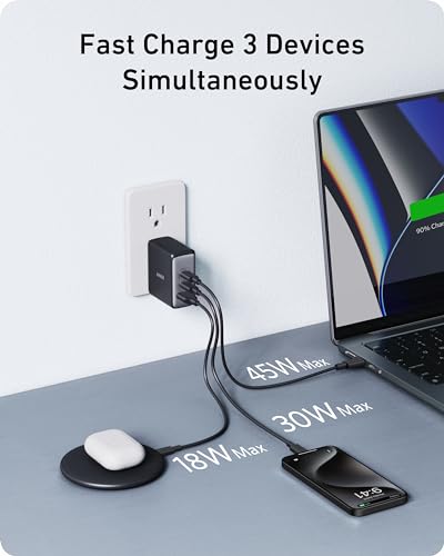 Anker Nano 100W MacBook Charger, 3-Port Fast Compact GaN USB Charger Block for MacBook Pro/Air, Pixelbook, ThinkPad, Dell XPS, iPad Pro, iPhone 17 Series, Galaxy S23,and More (Black, 1 Pack & 1 Cable) - color: black