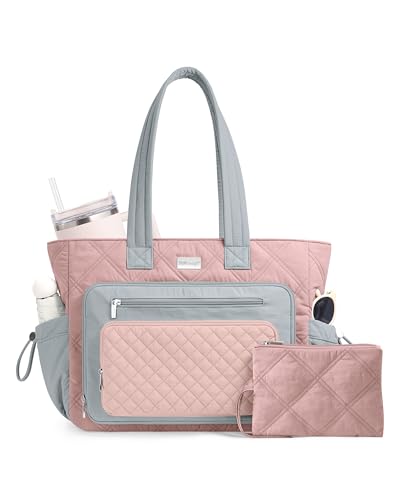 TOPDesign Puffer Laptop Bag for Women, Quilted Teacher Tote Nurse Work Briefcase, Computer Handbag with 40oz Cup Holder - color: Dark Pink/Light Grey/Pink, size: 15.6 Inch