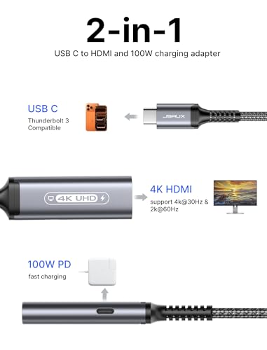 JSAUX USB C to HDMI with PD Charger Adapter, 2-in-1 Type C to HDMI 4K@30Hz/100W Charging Compatible with iPhone 17 Pro Max/Air/ 16 Pro Max/15 Pro Max,Samsung S24/S23,MacBook,Dell,Steam Deck,ROG Ally