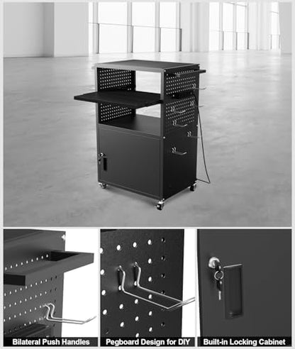 AV Cart with Wheels and Power, Media Cart with Pegboard Siding & 12 Hooks, with Locking Cabinet & Pullout Keyboard Tray, Rolling Computer Cart, Mobile Workstation, Utility Cart(40" x 18" x 31.5") - size: 40" x 18" x 31.5"