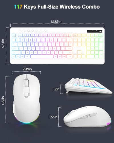 EDJO Wireless Keyboard and Mouse Combo, 10 Backlit Effects, Rechargeable 2.4GHz Silent Full-Size Light Up USB Keyboard with 6 Button RGB Mouse for Laptop, Computer, PC - color: White