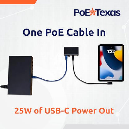 PoE Texas PoE+ to USB-C Splitter - PoE+ Splitter USB-C 25W Power Delivery for iPad, Tablet, Google Nest Cam - Convert PoE to 5V, 9V, 12V, 15V or 20V - size: 25w Power Only