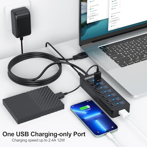 Powered USB Hub 4ft Cord for PC, 7 USB3.0 Data Ports and 1 Smart Charging Port with Power Adapter & Individual Switches for MacBook Pro/Air/Neo Laptop Desktop Computer Mini PC