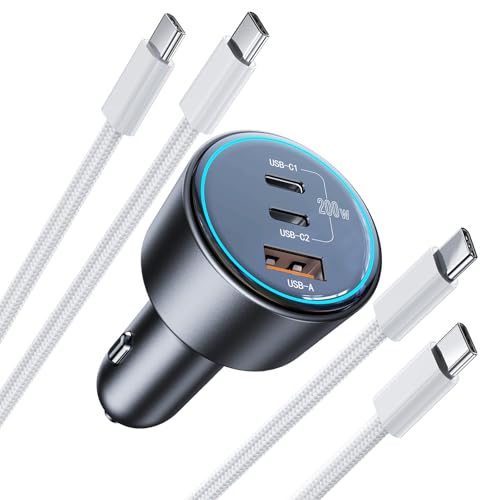 200W Super Fast Car Charger, Adapter with 2×100W USB C to C Cables, | USB C Car Charger PD3.0/QC4.0, 12V-24V Vehicle Compatible, LED Light & Overheat Protection