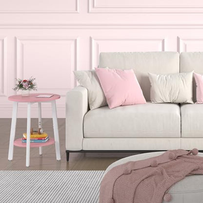 sthmec Side Table Set of 2, Small Round End Table with Storage Shelf for Small Space, 2-Tier Bedside Table Sofa Couch Table, Nighstands Set of 2 Accent Table for Living Room, Bedroom, Pink - color: Pink
