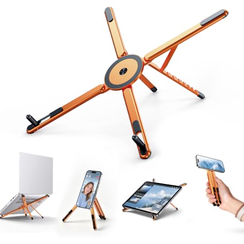 Portable Laptop Stand, 3-in-1 Magnetic Foldable Adjustable, for Desk | Aluminum alloy, lightweight compact, 8-level height, ergonomic, for phone/tablet, home office/travel - color: E05-Orange