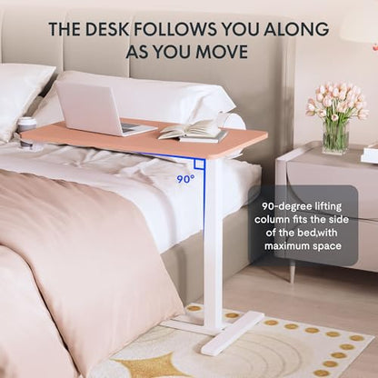 FLEXISPOT H7 Adjustable Overbed Bedside Table with Wheels Pneumatic Mobile Standing Desk Laptop Desk Rolling Computer Cart Movable Overbed Table Hospital Home Use(27.6" W x 15.7" D, Pink) - color: Pink, size: Small
