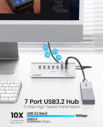 ORICO 7-Port USB 3.2 Gen2 Hub, Desktop USB 3.2 Hub with 7 USB-A Ports, 5V 3A Power Supply Port, 10Gbps Aluminium USB-Splitter with 3.28Ft USB-C to USB-C Cable for iMac, MacBooks, Mac mini - size: 100cm, style: M3U7