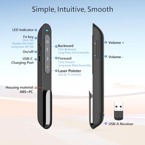 Bluetooth Presentation Clicker for PowerPoint, Wireless Presenter | ①Green laser pointer②Projector clicker③USB Powerpoint Clicker ④USB-C rechargeable slide clicker⑤Customizable Button⑥Bluetooth - color: Green - Rechg. - USB-A&BLE