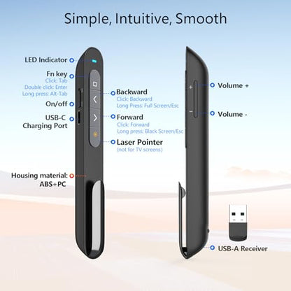 Bluetooth Presentation Clicker for PowerPoint, Wireless Presenter | ①Green laser pointer②Projector clicker③USB Powerpoint Clicker ④USB-C rechargeable slide clicker⑤Customizable Button⑥Bluetooth - color: Green - Rechg. - USB-A&BLE
