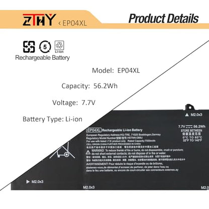 56.2Wh EP04XL Laptop Battery Replacement for HP Elite Dragonfly G1 2019 | For Elite Dragonfly G2 2020 Elite Dragonfly Max 2021 Series EP04056XL HSTNN-DB9J HSTNN-IB8Y L52448-1C1 L528Y581-005 7000mAh - size: 11.18*3.93*0.19 inch EP04XL