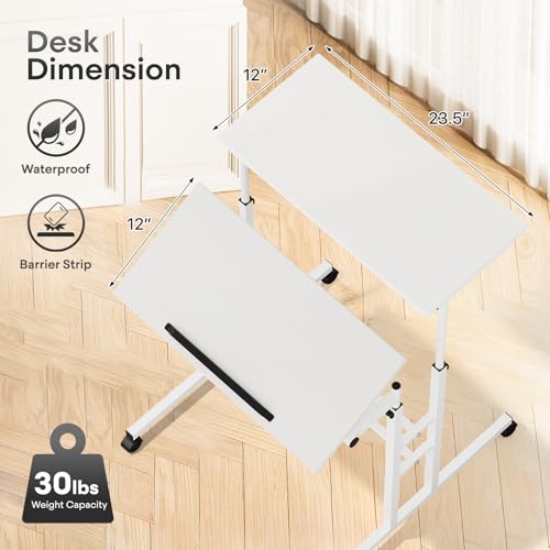 Athena Collection Rolling Standing Desk Small Mobile Table, White | 4 Lockable Wheels, Engineered Wood Split Top, Adjustable Height for Home Office Computer Workstation - color: White