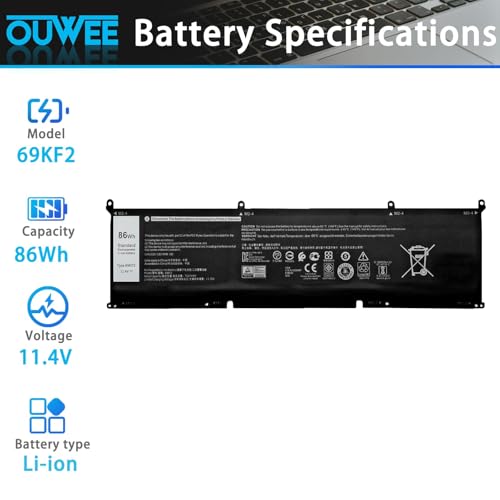 86Wh 69KF2 Battery Replacement for Dell G7 15 7500 G15 5510 5511 5515 5520 5521 XPS 15 9500 9510 9520 Precision 5550 5560 5570 Alienware M15 R3 R4 M17 R3 R4 Inspiron 7510 7610 7620 P87F P91F - size: 12.83*3.30*0.48 inch 69KF2