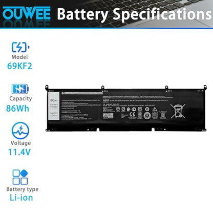 86Wh 69KF2 Battery Replacement for Dell G7 15 7500 G15 5510 5511 5515 5520 5521 XPS 15 9500 9510 9520 Precision 5550 5560 5570 Alienware M15 R3 R4 M17 R3 R4 Inspiron 7510 7610 7620 P87F P91F - size: 12.83*3.30*0.48 inch 69KF2