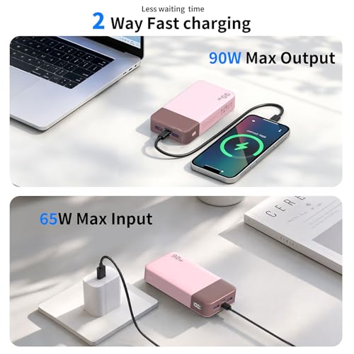 NOBIS Power Bank 90W 20,000mAh Laptop Portable Charger | PD Fast Charging Battery Pack, 4-Port, Digital Display, Compatible Laptop, Tablet, Phone and More - color: Pink