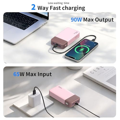 NOBIS Power Bank 90W 20,000mAh Laptop Portable Charger | PD Fast Charging Battery Pack, 4-Port, Digital Display, Compatible Laptop, Tablet, Phone and More - color: Pink