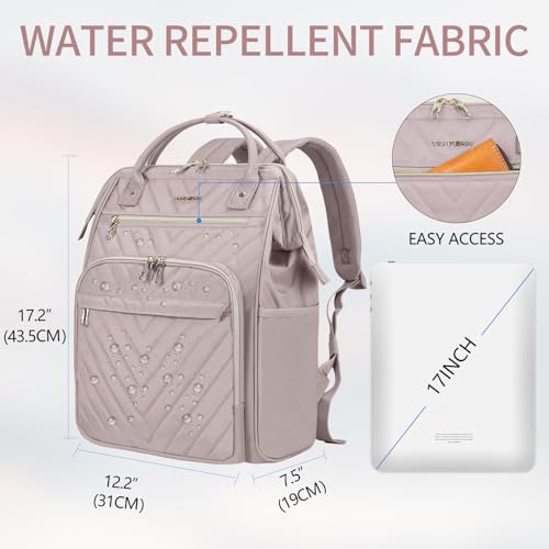 VANKEAN 17 Inch Laptop Backpack for Women Large Capacity Waterproof Daypack - color: Quilted Light Dusty Pink/Grey Purple, size: 17.3 Inch