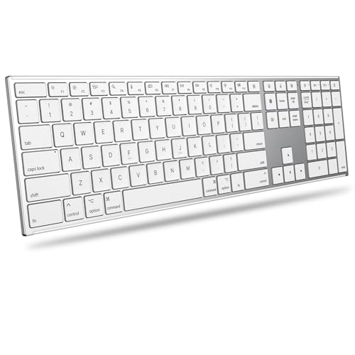 OMOTON Full Size Wireless Keyboard for Mac, Metal Frame, Silver | Ultra Slim & Quiet, Rechargeable Ergonomic, Bluetooth + 2.4G triple for MacBook Pro/Air/Neo, iMac, Mac Mini, Office/Home