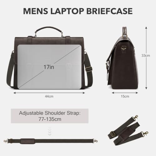 RAINSMORE Messenger Bag for Men 17” PU Laptop Flap Retro Briefcase Waterproof Satchel Bag for Office Business Travel College - color: Coffee