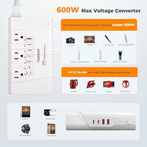 TESSAN 600W Pure Sine Wave 220V to 110V Voltage Converter US to Europe | Universal Travel Adapter, 4 USB Ports, PD 35W QC 30W, EU/UK/AU/IT/India Plug Power Converters, Step Down Transformer