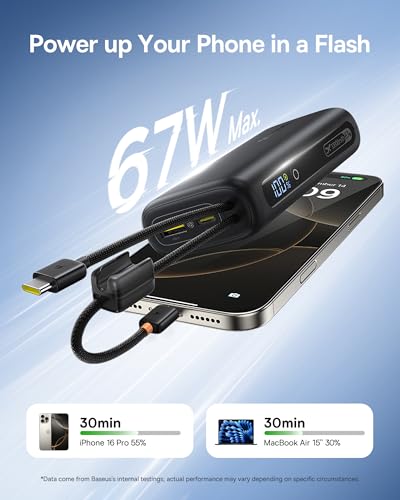 Baseus Mini Power Bank Fast Charging 67W, 10000mAh Small Portable Phone Charger Built-in Dual USB C Braided Cable, Travel Essential Battery Pack for iPhone 17/16/15, iPad, Samsung Galaxy S25/S24 etc. - color: Midnight Black