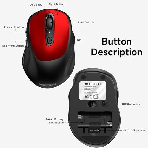 memzuoix Wireless Mouse, 2.4GHz Nano Receiver, 3 DPI Levels (800/1200/1600), 6 Buttons, Compatible with PC/Mac/Laptop - Red - color: red