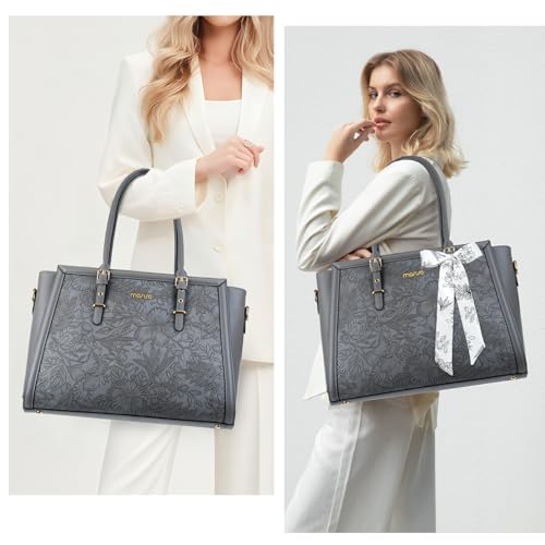 MOSISO Laptop Bag for Women, 15.6-16 inch PU Leather Tote Bag | Compatible with MacBook, HP,Dell,Asus, Front Embossed Retro Hibiscus Computer Bags with Silk Scarf&Clutch Purse, Gray - color: Gray, size: 16 inch