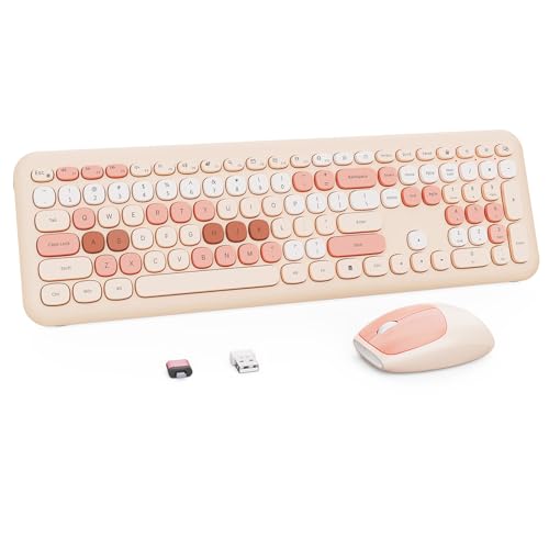 Nowlike Wireless Keyboard and Mouse Combo, Retro Typewriter Keyboard with Round Keycaps, Full-Size Ergonomic, Brown, Ideal for Windows PC, Home, Office, and College, Wireless Keyboard Mouse Combo - color: Milk Tea