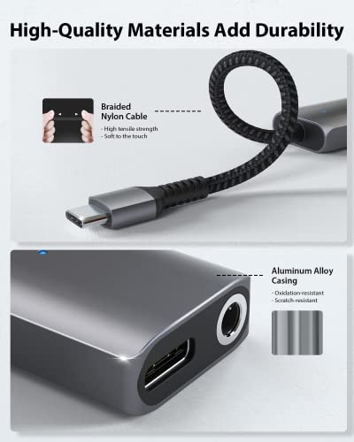 Stouchi 2-in-1 USB C to 3.5mm Headphone Charge Adapter AUX Mic Jack | PD Fast Charging High Resolution DAC for Earphones iPhone 17 16 15, Galaxy S25 /24/S24+/S23/S22/S21, iPad Pro, Pixel 9/8/7 - color: Grey