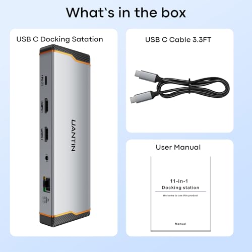 UANTIN 11-in-1 Docking Station Dual Mnoitor [Cable 3.3FT/1M] Dual HDMI 4K@60Hz, 5Gbps USB-A & C, 100W PD, Gigabit Ethernet, Audio, Aluminum Laptop Docking Station for Windows/Dell/HP/Lenovo/Asus