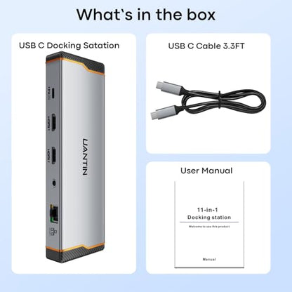 UANTIN 11-in-1 Docking Station Dual Mnoitor [Cable 3.3FT/1M] Dual HDMI 4K@60Hz, 5Gbps USB-A & C, 100W PD, Gigabit Ethernet, Audio, Aluminum Laptop Docking Station for Windows/Dell/HP/Lenovo/Asus
