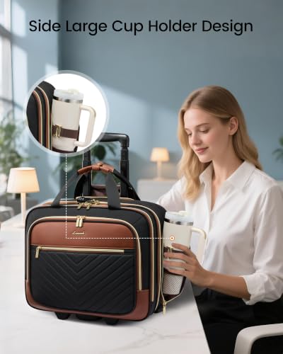 LOVEVOOK Rolling Laptop Bag for Women, Underseat Carry On Bag with Wheels | Fits 17.3 Inch Laptop, 30L Capacity, Silent Wheels, Rolling Briefcase, Carry On Luggage, Personal Item for Work Travel - color: V Quilted-Black-Brown