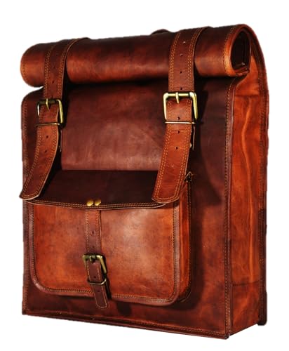 URBAN DEZIRE Men's 17 inch Leather Vintage Roll On Laptop Backpack Rucksack knapsack college bag - size: 14"(L), 18"(Rolled) -(H)- 24"(Open), 4(W)