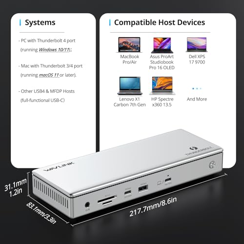 WAVLINK Thunderbolt 4 Dock with 100W Charging, Thunderbolt Certified, Driverless Laptop Docking Station with 4K HDMI Dual Monitor or Single 8K for Windows or Mac, 4X USB, 2.5G Ethernet,SD/MicroSD