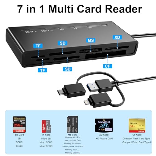 Memory Stick Pro Duo Adapter for iPhone/USB C/PC - 7 in 1 2X SD/ 2X TF/CF/MS/XD Picture Card Reader, Multi Memory Card Reader USB C Lightning OTG Adapter Memory Stick pro Duo Reader for iPhone