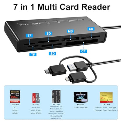 Memory Stick Pro Duo Adapter for iPhone/USB C/PC - 7 in 1 2X SD/ 2X TF/CF/MS/XD Picture Card Reader, Multi Memory Card Reader USB C Lightning OTG Adapter Memory Stick pro Duo Reader for iPhone
