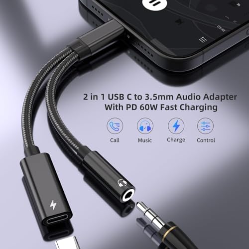 2 in 1 USB C to 3.5mm Headphone and Charger Adapter, USB C to AUX Mic Jack with PD 60W Fast Charging for Stereo, Earphones, Compatible with iPhone 17/16, Samsung Galaxy S25/S24, Google Pixel 9/8 - color: Black