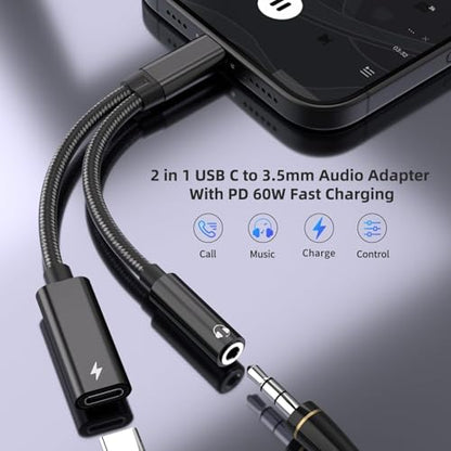 2 in 1 USB C to 3.5mm Headphone and Charger Adapter, USB C to AUX Mic Jack with PD 60W Fast Charging for Stereo, Earphones, Compatible with iPhone 17/16, Samsung Galaxy S25/S24, Google Pixel 9/8 - color: Black