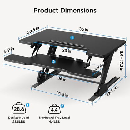 HUANUO 36" Z Shaped Stable Standing Desk Converter, Height Adjustable Sit Stand Up Desk Riser, Dual Monitor and Laptop Workstation with Wide Keyboard Tray, Desk Lifter for Home Office,Black