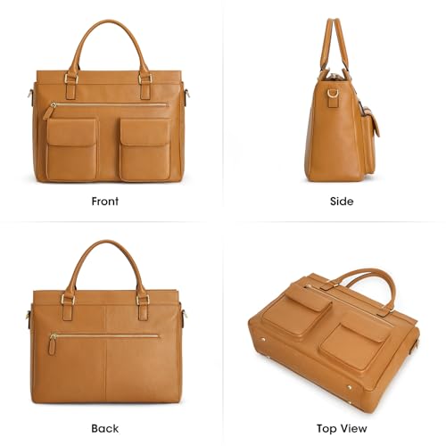 Kattee Leather Briefcase for Women, 15 Inches Laptop Bag, Work Tote with Luggage/Shoulder Strap - color: Brown