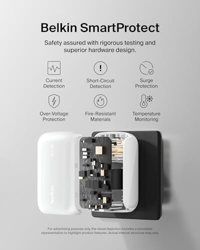 Belkin 42W Dual Port Charger Block, USB-C + USB-A Charger Super Fast Charging - Samsung Galaxy S25, Apple iPhone 17, Air, Pro, Pro Max, iPad, AirPods, Apple Watch, Nintendo Switch 2 & More - White - color: White