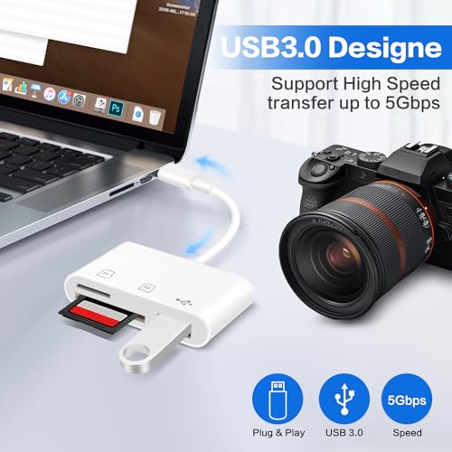 USB‑C SD Card Reader, Memory Card Adapter with SD/Micro SD/USB 3.0 Ports, TF Card Reader Compatible with iPhone 15/16, iPad, Mac, Android and USB C Devices, Digital Camera Adapter for iPhone