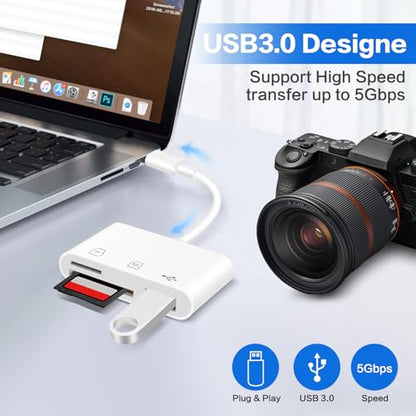 USB‑C SD Card Reader, Memory Card Adapter with SD/Micro SD/USB 3.0 Ports, TF Card Reader Compatible with iPhone 15/16, iPad, Mac, Android and USB C Devices, Digital Camera Adapter for iPhone
