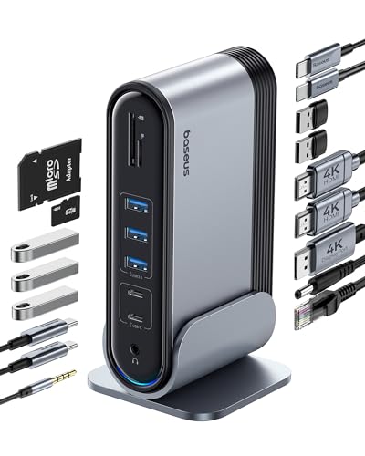 Baseus 17-in-1 Laptop Docking Station 3 Monitors with 4K HDMI+DP, USB C Docking Station with 7 USB, 1000Mbps Ethernet, 100W PD, Card Readers Compatible with Acer/HP/Lenovo/Mac/Dell - size: 17 in 1